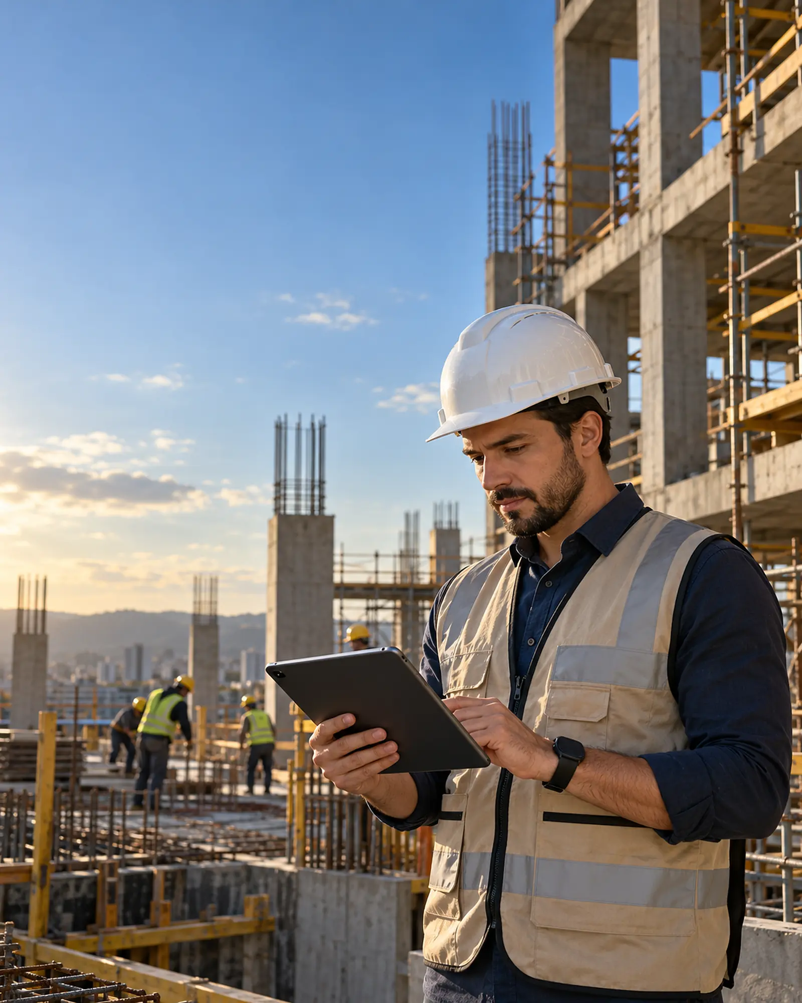 Engenheiro acompanhando uma obra com tablet