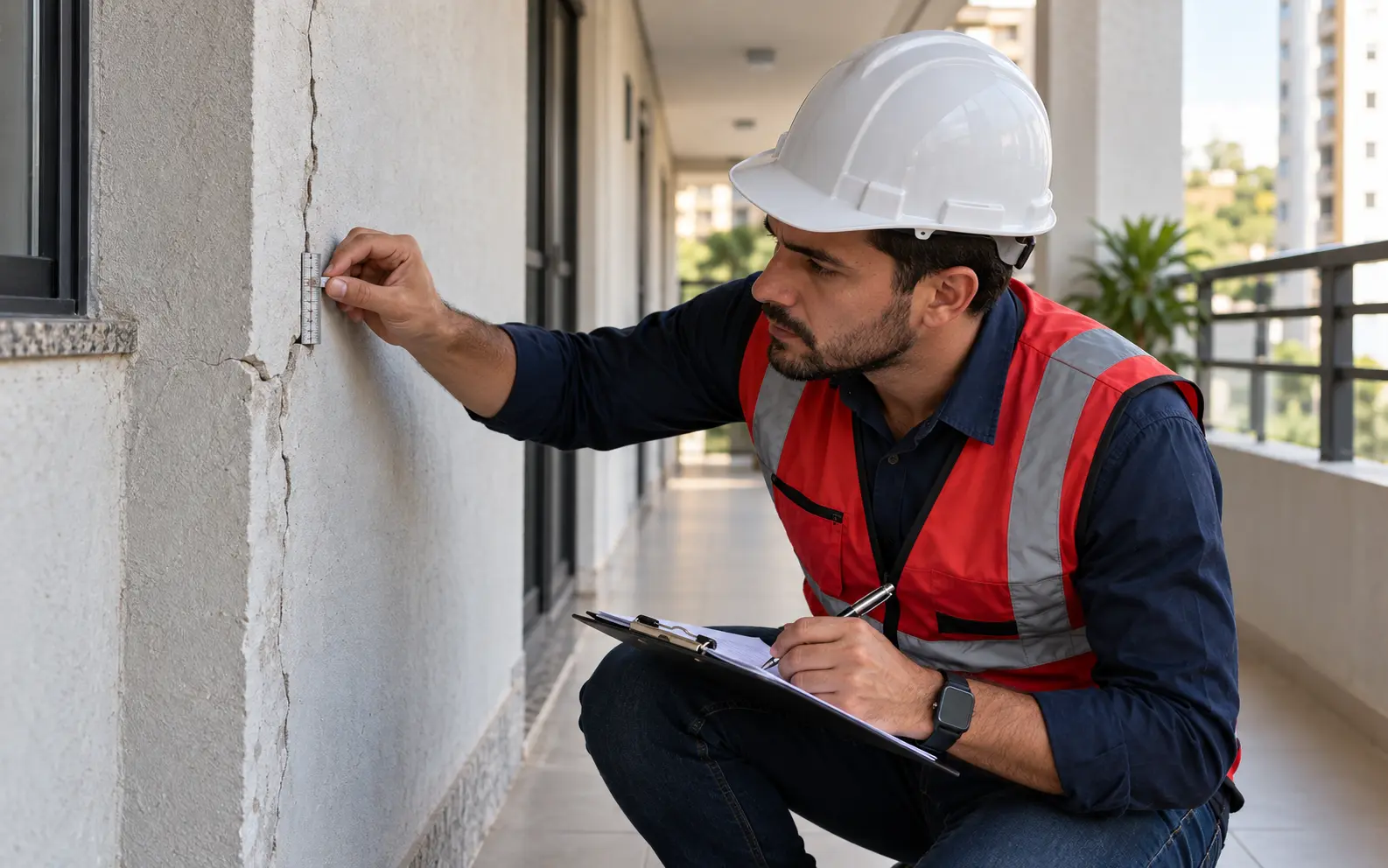 Engenheiro realizando inspeção de fissura