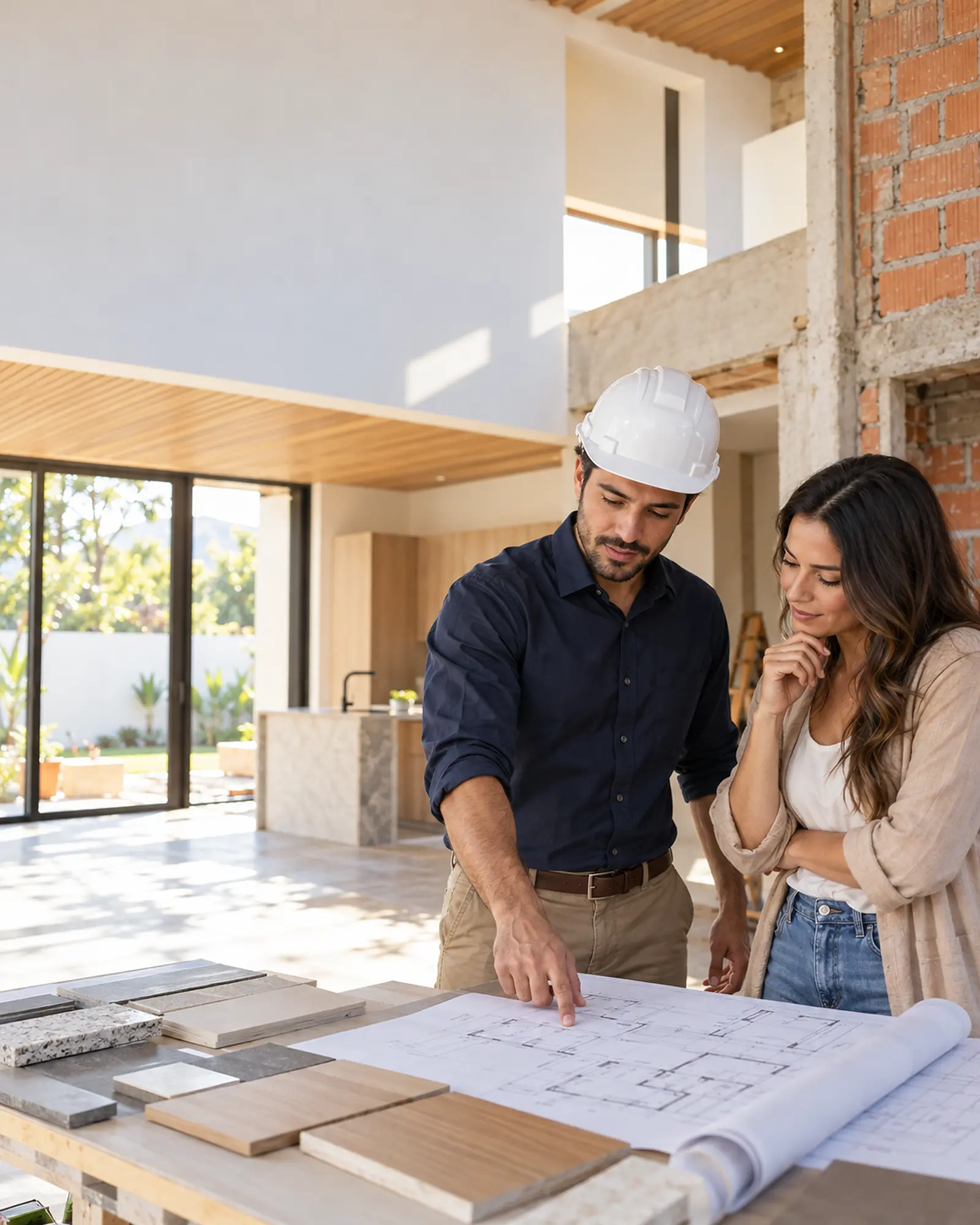 Engenheiro e cliente revisando uma reforma residencial