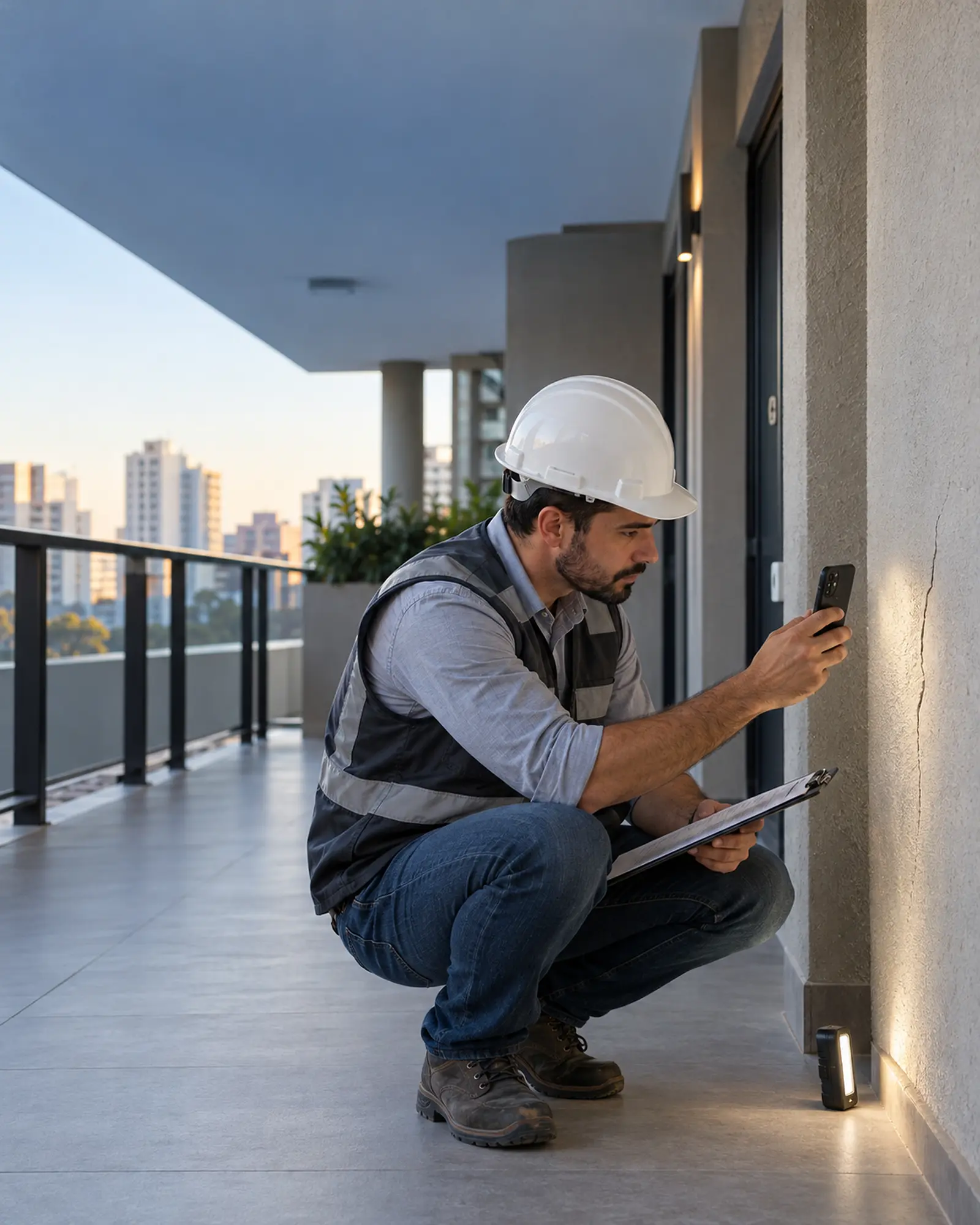 Engenheiro inspecionando fissura em parede