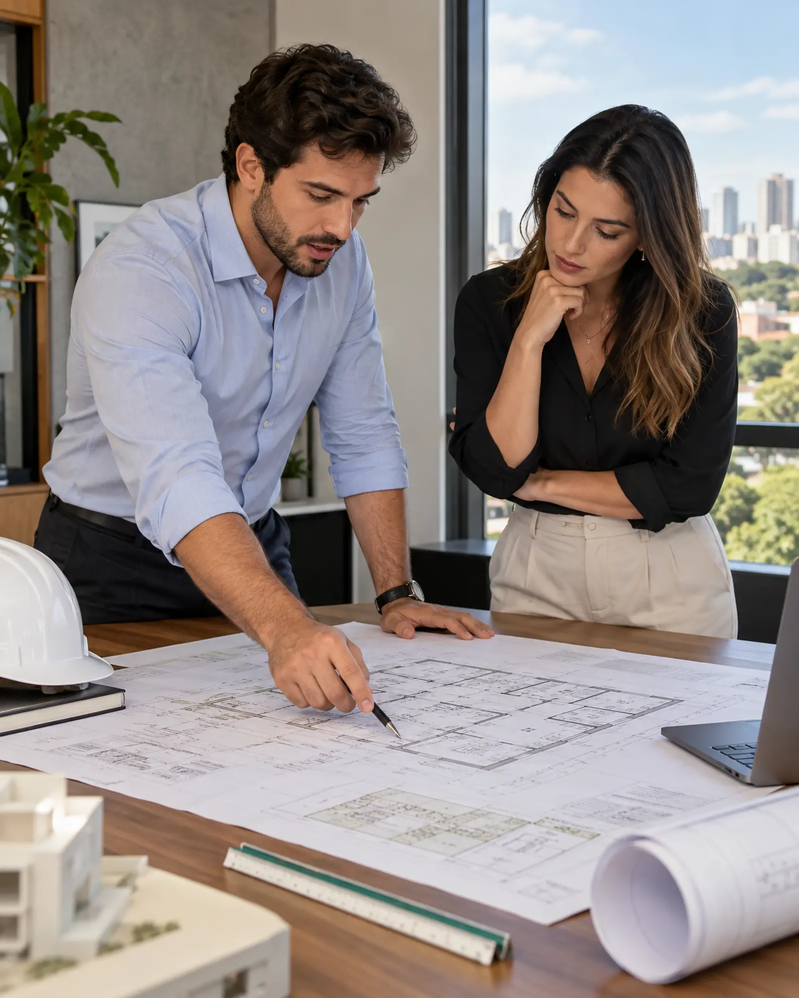Engenheiro e cliente analisando plantas de imóvel